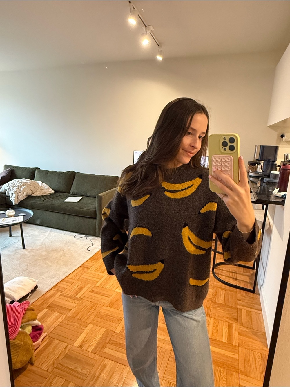 Charcoal Crewneck Sweater with Yellow Banana Motif
